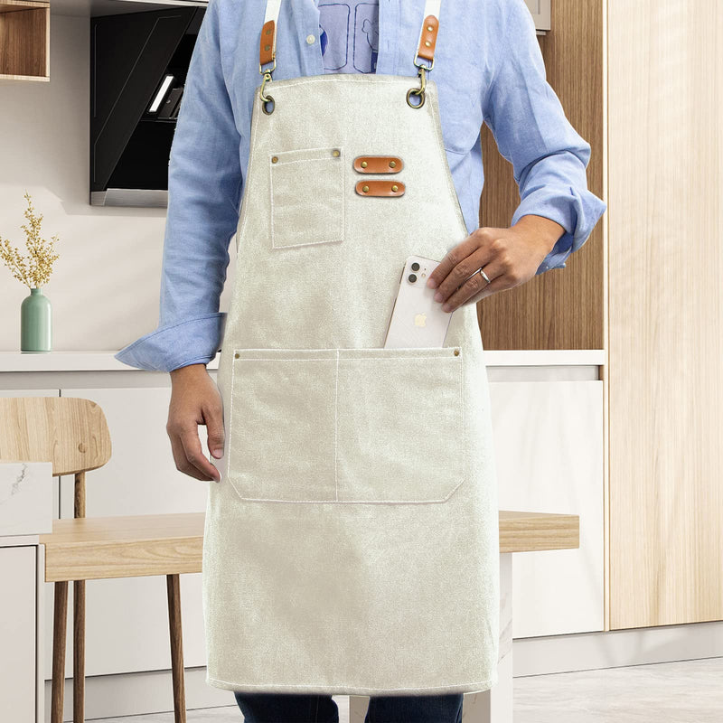 Aprons for Women and Men, Kitchen Chef Apron 6 Pockets Water-Resistant for Cooking BBQ working 27 x 30.3 IN Beige