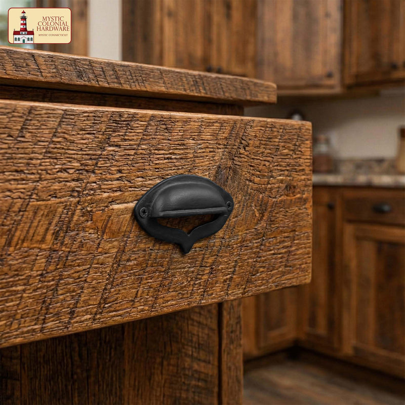 Mystic Colonial Medieval Cast Iron Drawer Cup Pulls Set of 4, Rustic 3 Inch Black Finish Cabinet Handles with Screws for Drawers, Cabinets and Furniture