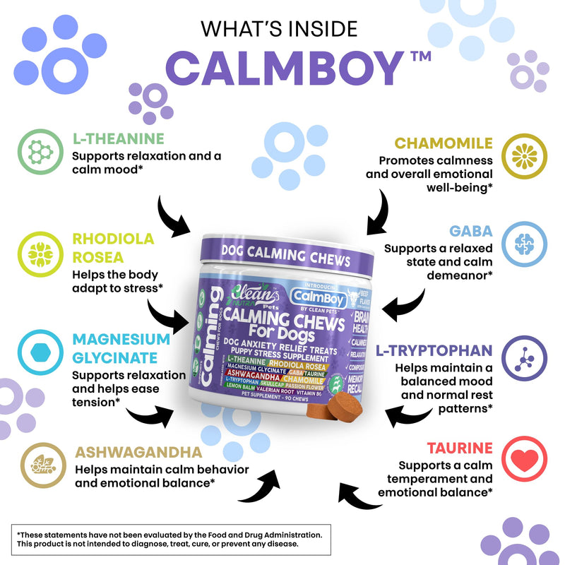 Clean Nutra Calming Chews for Dogs, Dog Anxiety Relief Supplement, L Theanine Ashwagandha Rhodiola GABA Magnesium Valerian Natural Ingredients, 90 Chews, Beef Flavor