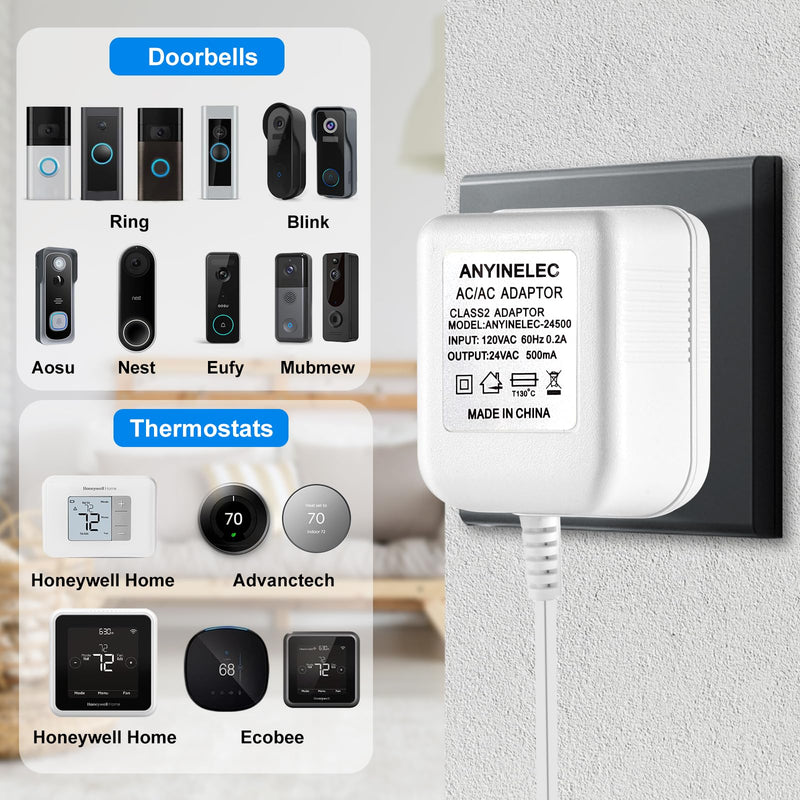 24V Doorbell Transformer,C-Wire Thermostat Adapter, for Ring Doorbell or Thermostat,Compatible with Ecobee,Sensi,Honeywell,Nest Hello,Wyze,Eufy (26.2 FT White) 24V