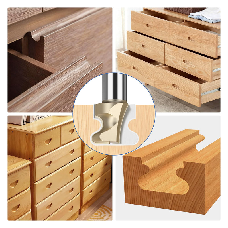 HUHAO Finger Pull Router Bits Set 1/2 Inch Shank,1" Cutting Dia,Drawer Pull Bit for Wood Finger Grip & Wooden Handle Molding,Carbide Tipped 1/2*1