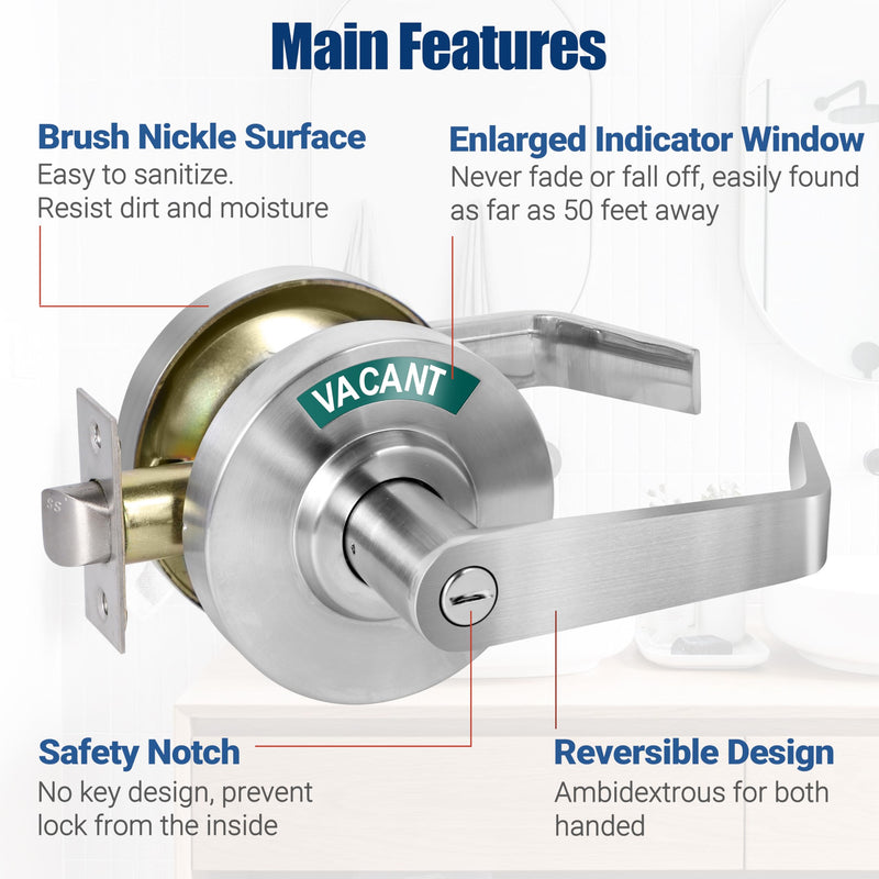 Commercial Door Handle for Restroom, Vacant Occupied Bathroom Lock, Occupied Door Handle, Privacy Indicator Door knob for Public & Industrial Buildings (Satin Chrome) Satin Chrome