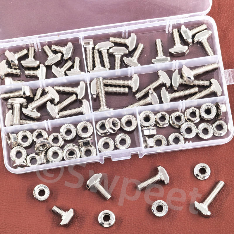 Swpeet 80Pcs 4 Sizes European Standard 30 Series M6 x 12/16/20/25mm T Slot Drop-in Bolt and Nickel M6 Flange Nut Assortment Kit, Thread T Slot, Drop-in Bolt T-Bolt, Hammer Head Bolt, T Screw Stud