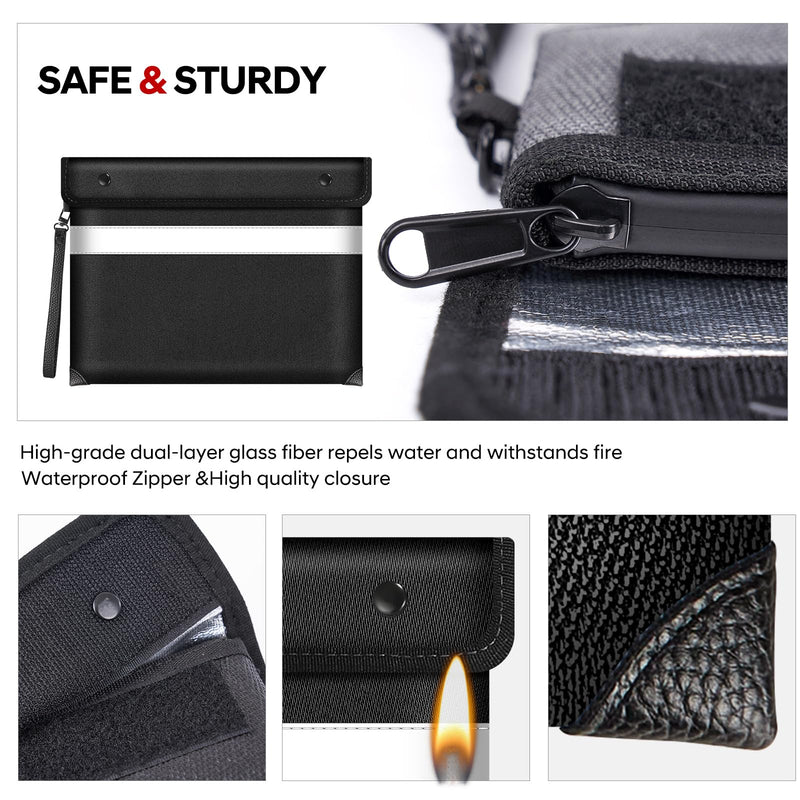 Fire Proof Money Bag for Cash 5200℉ Heat Insulated,Fireproof Waterproof Document Pouches with Double-Sided Reflective Strip,Money Envelopes for Cash,Valuables,Jewelry(11"x7.7",Black) Black Medium size