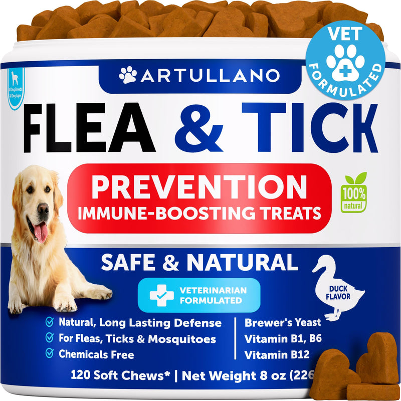 Flea and Tick Prevention for Dogs Chewables - Natural Flea Treatment Control - Supplement for Large & Small Dogs with Vitamins - Immune Support Chews - Puppy Pest Defense Oral Pills - 120 Soft Treats 120 Chews for Dogs