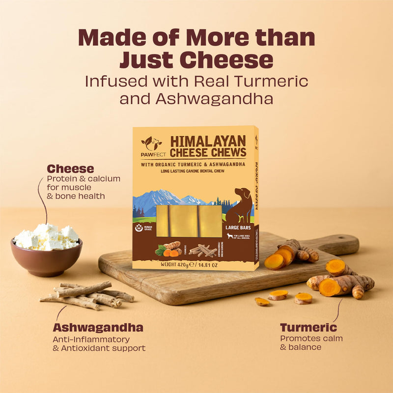Pawfect Himalayan Yak Cheese Chews with Turmeric & Ashwagandha for Large Dogs - 100% Natural Dental Stick- Cleans Teeth- Plaque Off and Tartar Control -High Protein Chews - Pack of 3 (420g/14.81oz)
