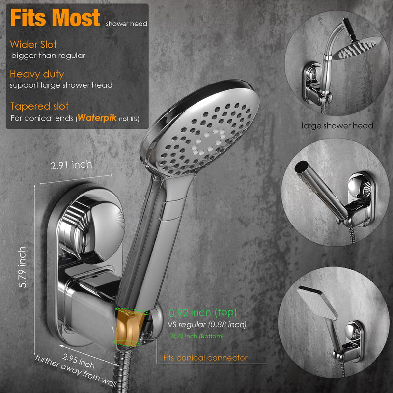 Suction Cup Handheld Shower Head Holder - Relocatable - 5 Angles Adjustable - Unique Horizontal Setting - Large Shower Head Supports - Wider Input - Wall Mounted with Vacuum Power (Polished Chrome)