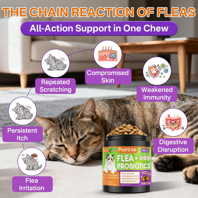 Puyrzoe Flea and Tick Prevention for Cats, Flea Treatment for Cats, Itch Relief, Skin & Coat Care, 500 Cat Flea Chews with 6-Strain Probiotics, Gut & Immune Health, Chicken Flavor, All Breeds & Ages