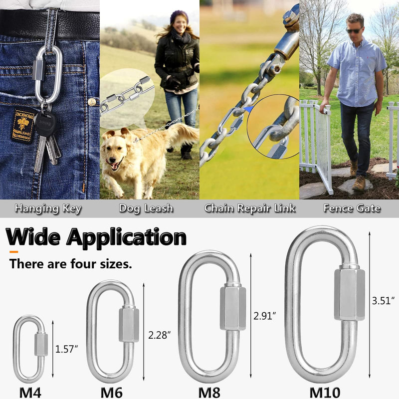 Quick Link, Lsqurel 304 Stainless Steel D Shape Locking Carabiner Heavy Duty Chain Link Keychain for Outdoor Fence Gate Swings Pet Dog M4 M6 M8 M10 M12 Capacity 200lb 600lb 1200lb 2400lb 3000lb M6 10Pack
