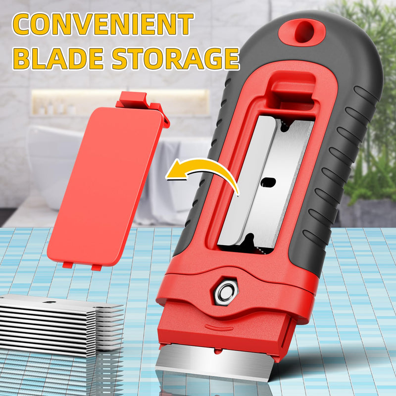 DIYSELF 1 Pack Razor Blade Scraper with 15 Extra Blades, Scraper Tool for Cleaning Window, Paint, Cooktop, Oven, Glass Stove Top Scraper, Razor Scraper with Buit-In Blade Storage Red