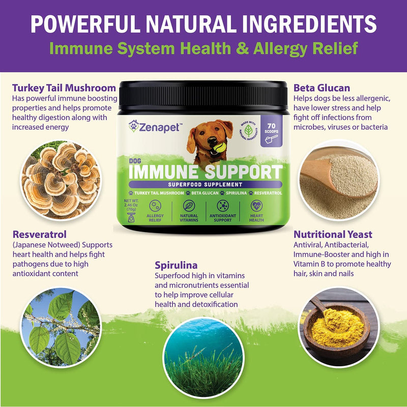 Dog Immune Support Premium Powder Topper, Turkey Tail, Spirulina & Beta-Glucan, Supports a Healthy Immune System & Digestion, Human-Grade, Made in USA 2.46 1 Pack