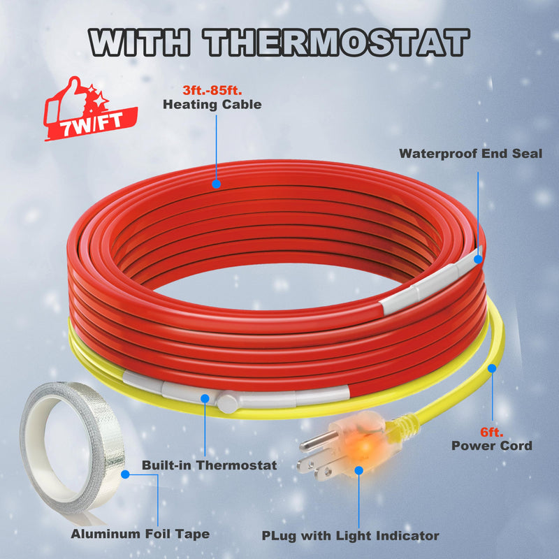 18 FT Heat Cable for Pipe Freeze Protection YeloDeer, Water Pipe Heat Trace with Thermostat, Pre-assembled Heat Tape for Water Pipes Keeps Water Flowing 120 V 18-Feet