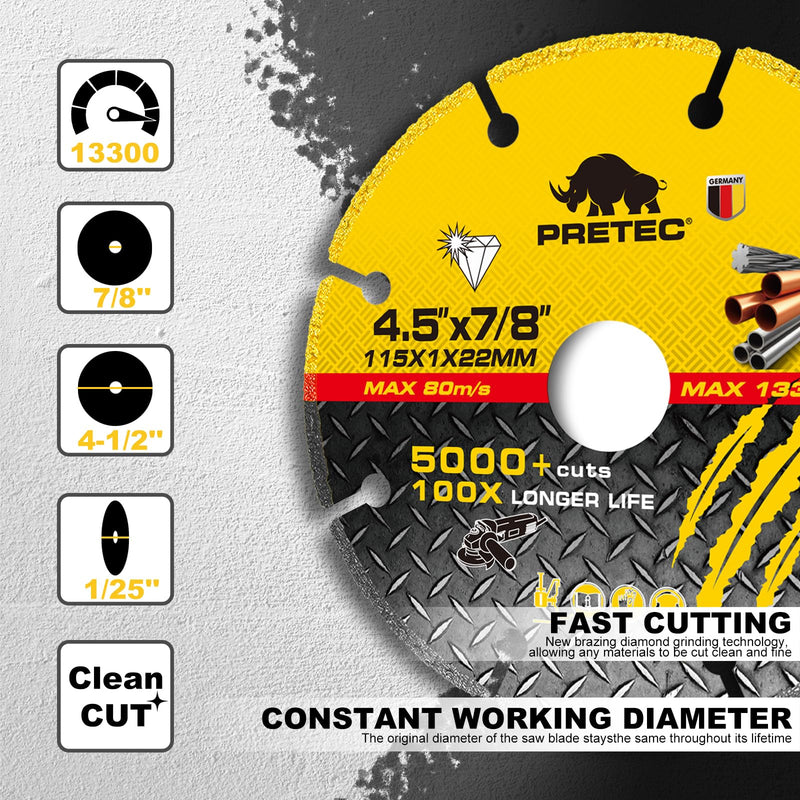 4 1/2 Inch Diamond Cutting Wheel, Metal 4 1/2'' Cut Off Wheel with 7/8" Arbor Hole, Angle Grinder Cutting Disc with 5000+ Cuts on Rebar, Steel, Iron and INOX, 100x Longer Wheel Life-1 Pack Diamond Cutting Wheel-4-1/2"