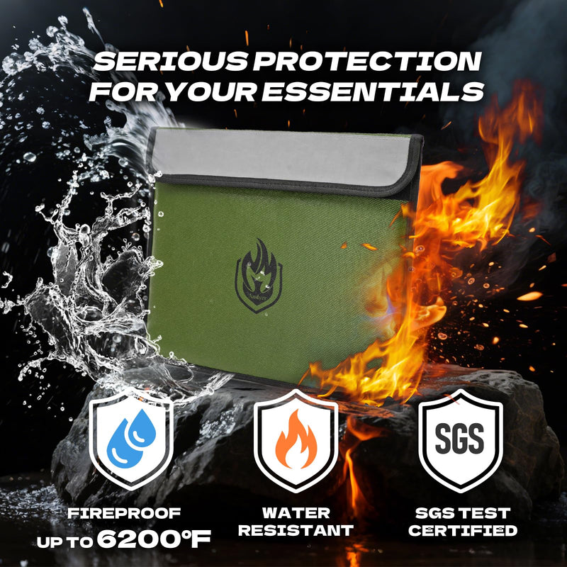 2 Pockets Fireproof Document Bag 6200°F, 10 Layers Waterproof Fireproof Money Bag for Cash with Reflective Strip, Heat Insulated Waterproof Document Holder Pouch, Fire Safe Storage (Green) Green