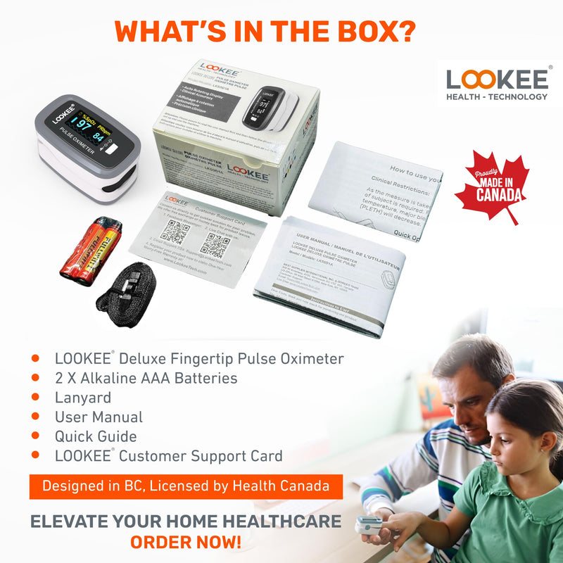 LOOKEE LK50D1 Deluxe Fingertip Pulse Oximeter - Finger SpO2 Blood Oxygen Saturation Monitor with Auto Rotate OLED Display Plethysmograph Waveform & Pulse Graph - Batteries Included Gray