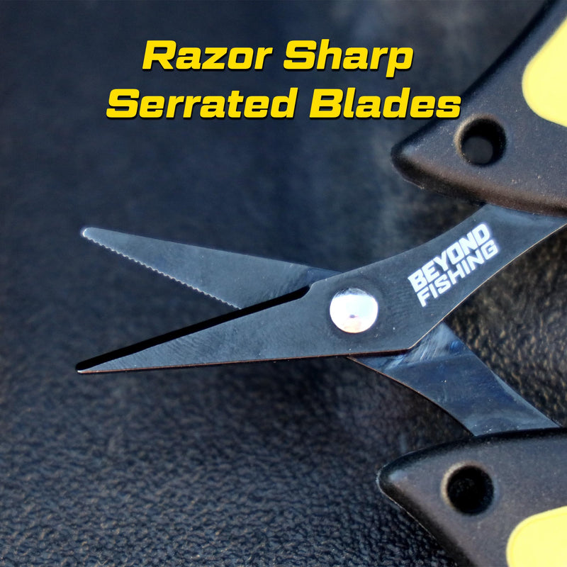 Beyond Fishing - 4.5” Fishing Scissors for Braided Line, Stainless Steel with Serrated Blades, Non Slip Grip, Large Finger Holes Fishing Line Cutter
