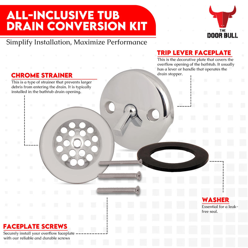 Trip Lever Bathtub Drain Kit with Strainer – 2-Hole Overflow Faceplate, Matching Screws – Tub Drain Trim Replacement Set for Bathroom Bathtubs Chrome
