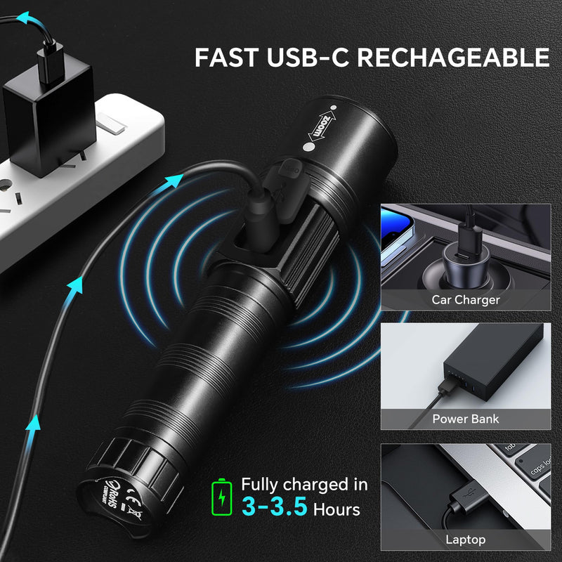 3Pack Rechargeable Flashlights 10000 High Lumens, Super Bright Flashlight with LCD Digital Display, 5Modes Adjustable LED Flashlight Tactical Flashlights High Powered, Flash Lights for Emergency 3 Pack