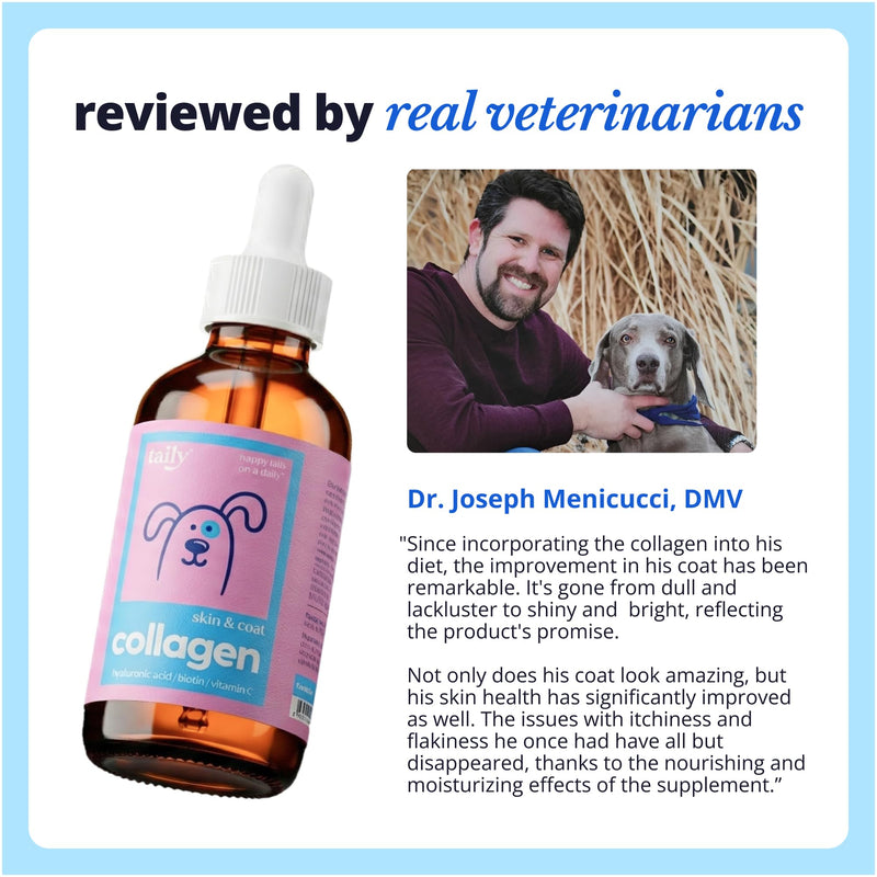 Taily Liquid Collagen for Dogs Skin and Coat Supplement, Cats | Taily Liquid Premium Grass-fed Collagen | Itch Relief for Dogs with Allergies, Biotin, Vitamin C and Hyaluronic Acid | Made in USA