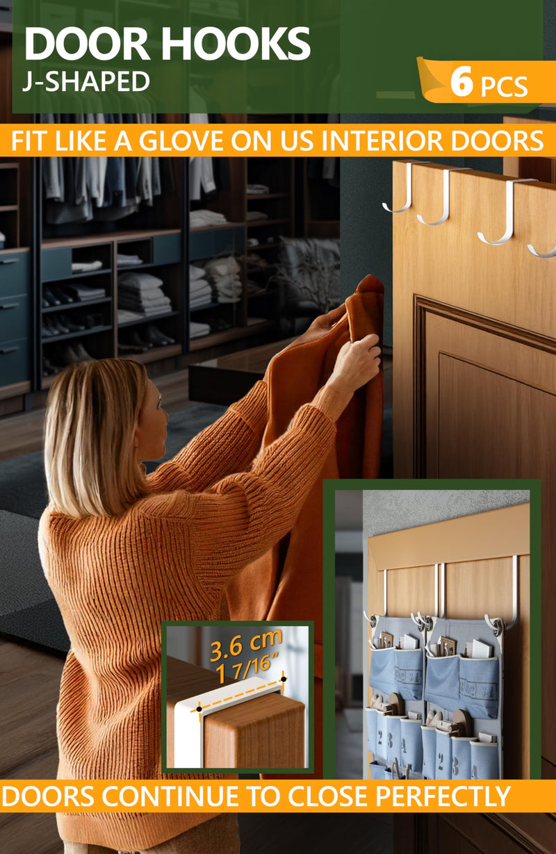 4smile Over The Door Hooks 6+2+2 Set, White - Coat Hanger 6 pcs fits 1 3/8" + Towel Holder 2 pcs fits up to 1 3/4" + Cabinet Hooks 2 pcs - 2-Sided Wreath Hanger with Anti-Scratch & Non-Slip Pads 10 pcs L 4" & 3"