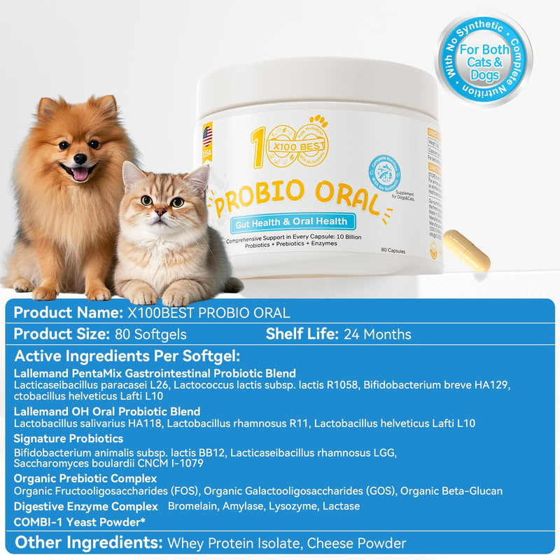 Oral Care Probiotics for Dogs – 33.3B CFU with Digestive Enzymes – Bad Breath Remedy, Gut Health, Immunity – 11 Patented Strains & Organic Prebiotics – for Cats (80 Capsules)