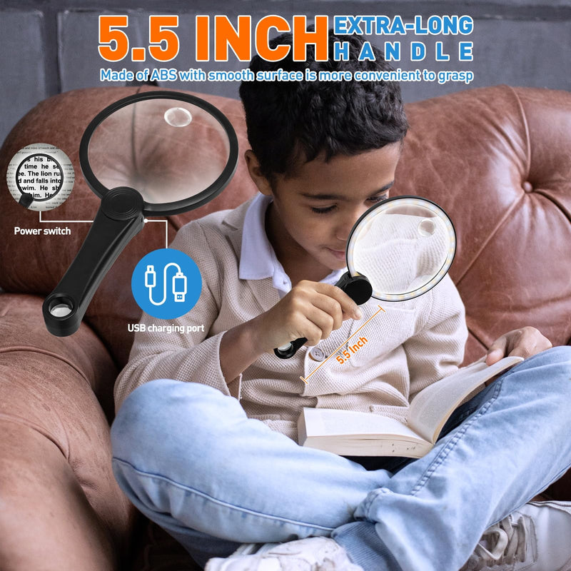 5.2 Inch Large Rechargeable Magnifier with Light, 30X 40X 60X Handheld Magnifying Glass with 49 Anti-Flicker LED Light, Third Gear Dimming Strongest Lighted Magnifier for Seniors Reading Coins 5.2inch Black