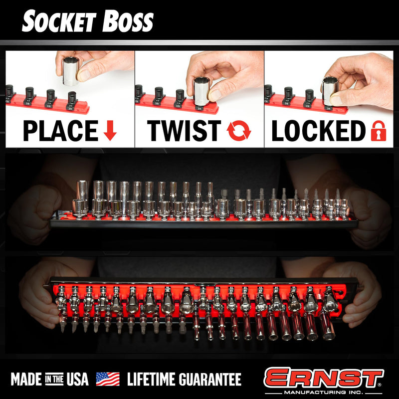 Ernst Manufacturing 8486 Socket Boss, Premium 2-Rail, 3/8 Inch-Drive Socket Organizer, 18-Inch, Orange - Made in USA 19-INCH 3/8"