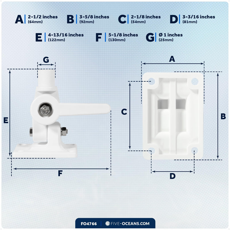 Five Oceans Marine VHF Antenna Mount, Folding Antenna Mount with Adjustable Ratchet, Fits All Standard 1-inch Marine Antennas, White Nylon - FO4766