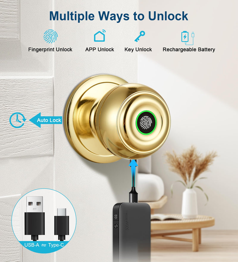 Fingerprint Door Lock, Smart Fingerprint Door Knob with Lock, Biometric Door Lock with App Control & Key, Keyless Thumbprint Entry Door Lock for Bedroom, Front Door, Home, Apartment Office-Satin Brass