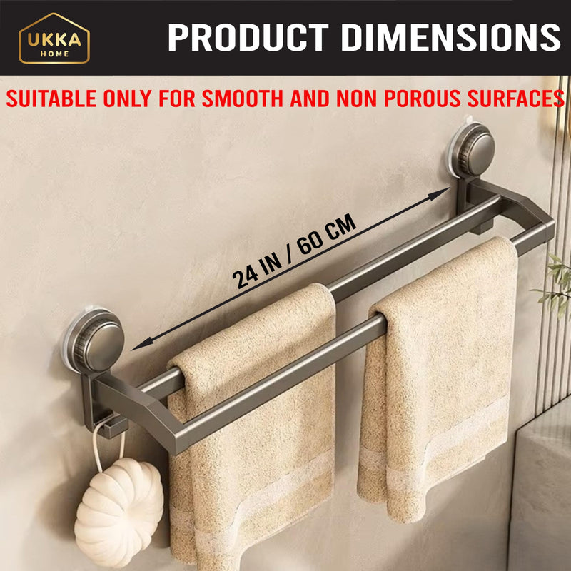 Suction Cup (Twist) Double Rod 24" Towel Bar with Hooks, Bathroom, Kitchen, Glass, Tile. Reusable, ABS+Aluminium, Rustproof, No Drill, No Tools. Hang Towel, Loofah, Sponge (24in/60cm, Gray) Double Rod - 24 in / 60 cm