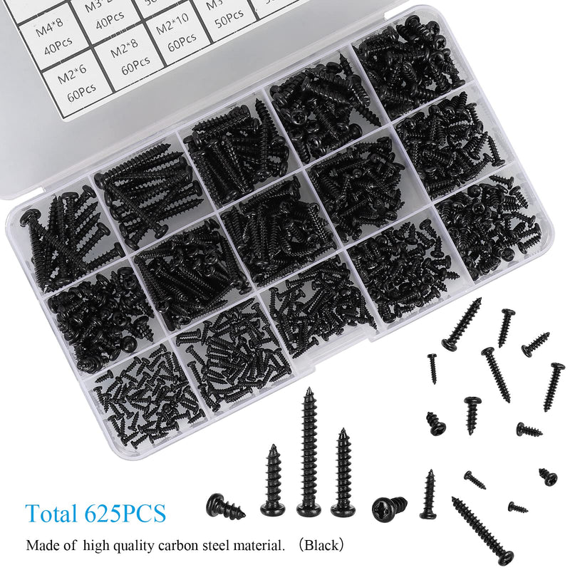 625pcs M2 M3 M4 Phillips Pan Head Self-Tapping Wood Screws,14 Sizes Cross Recessed Round Head Self Tapper Screws Assortment Kit for Wood,Plastic and Soft Metal,Black Carbon Steel,Sharp Point Black:625Pcs Pan Head M2-M3-M4