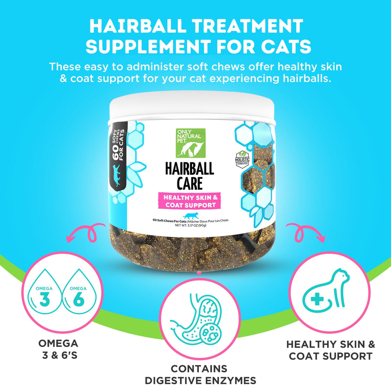 Only Natural Pet Hairball Care - Healthy Skin and Coat Support - Soft Chews for Cats – Digestive Supplement with Flaxseed, Psyllium Husk and Corn Silk – Chicken and Liver Flavor – 60 Count - PawsPlanet Australia