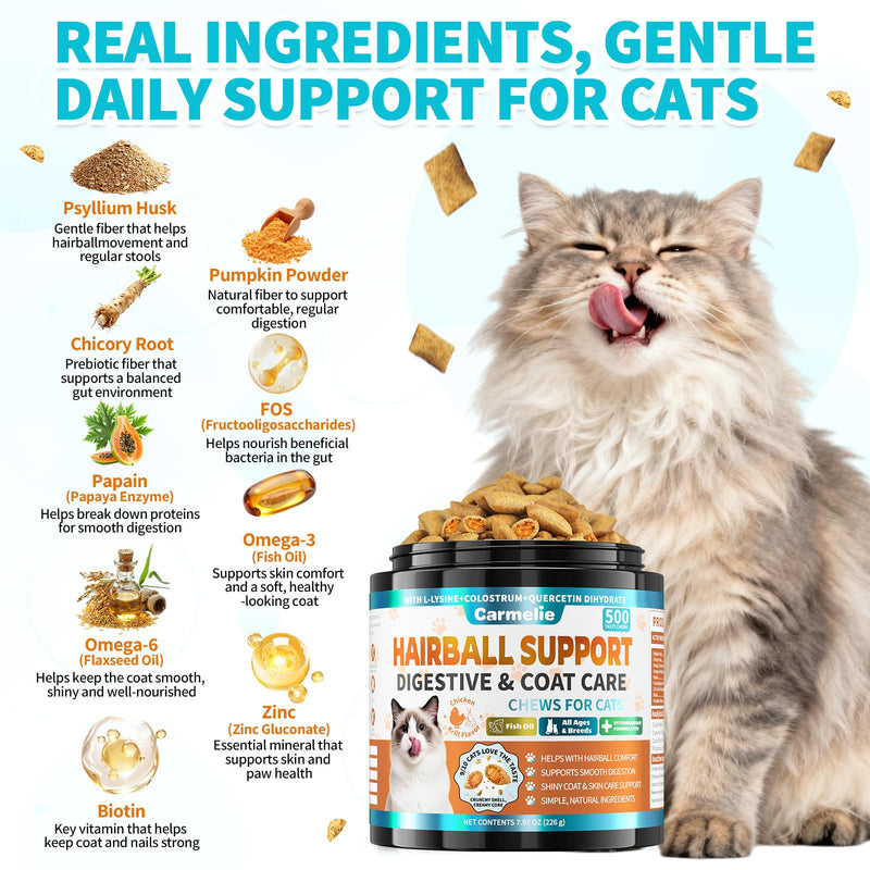 Cat Hairball Support Chews – 500 Hairball Treats L-Lysine Supplement for Cats - Immune & Respiratory Support
