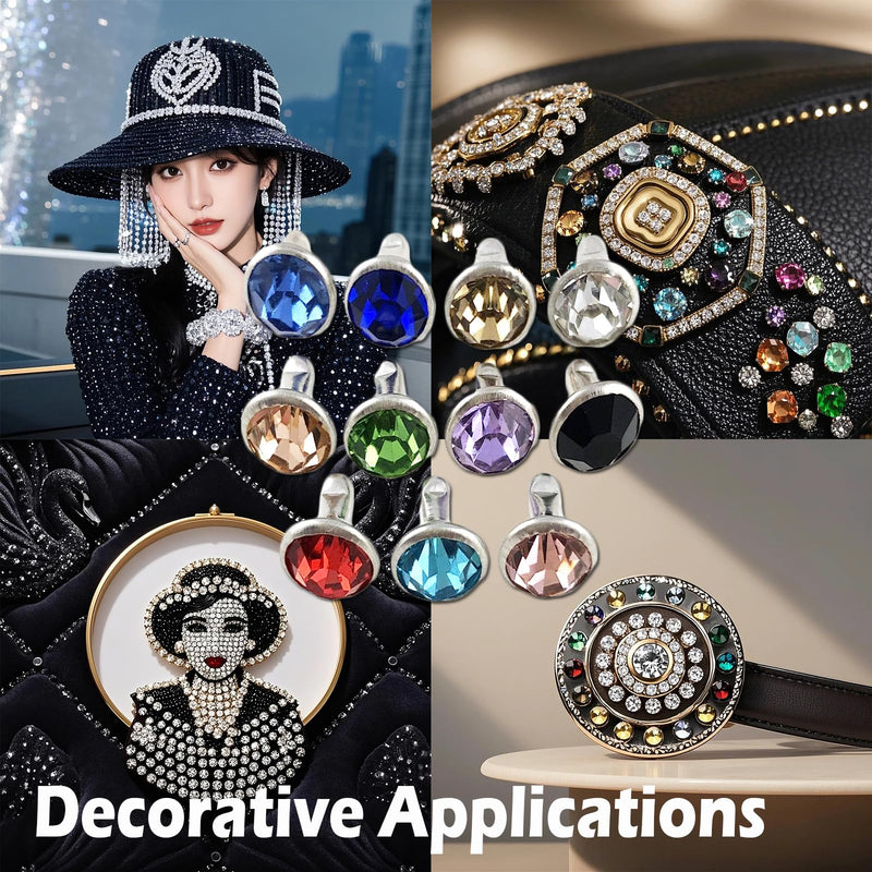 Uniquer 300 Sets 8MM Cz Crystal Rivets 10 Colors Rhinestone Rivets Studs Rapid Rivets Accessories for DIY Leathercraft Making