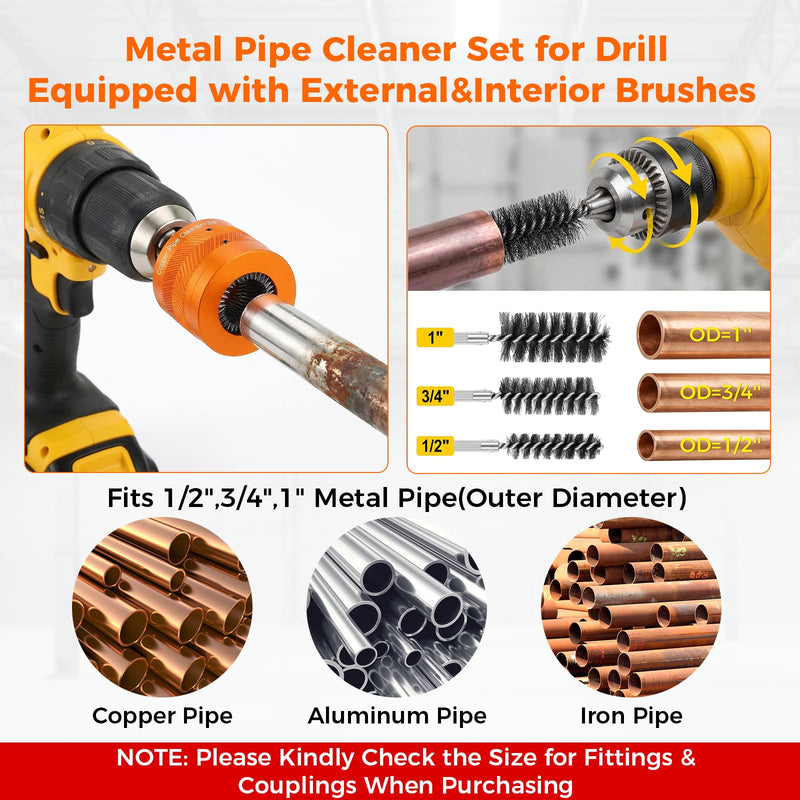 1/2" & 3/4" &1"Copper Pipe Cleaner Set for Drill with 1/4" Hex Shank & 6 Pipe Cleaning Brushes & 6 Exchange Blades&& 1 Rod 3 Copper Metal Pipe Cleaner Kit Plumbing Tools for Rust Stains Paint 1/2" + 3/4"+1"