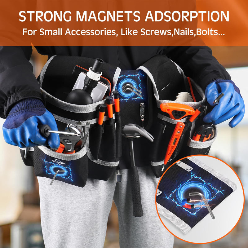 Tool Belt, Magnetic Tool Pouch with 26 Pocket Tool Belts for Men Heavy Duty Tool Pouch Bag, Detachable Tool Bags for Carpenter, Electrician, Woodworker, Construction