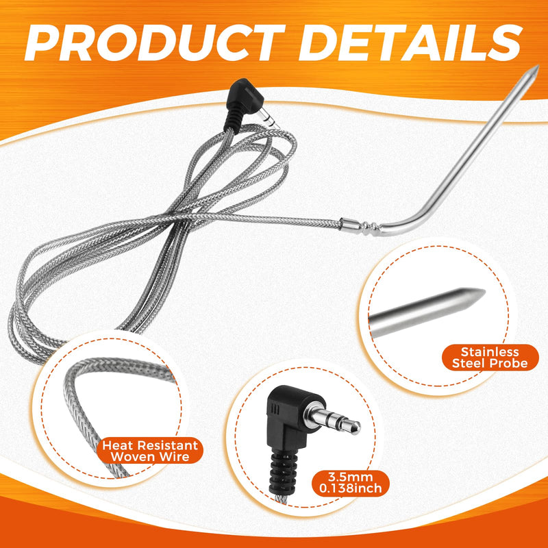 2 Pack High Temperature Meat Probe Replacement for Camp Chef Wood Pellet Grills, Smoker Grill Temperature Sensor, 3.5 Mm Plug, with 2 Pcs Grill Holder Clips, Silver