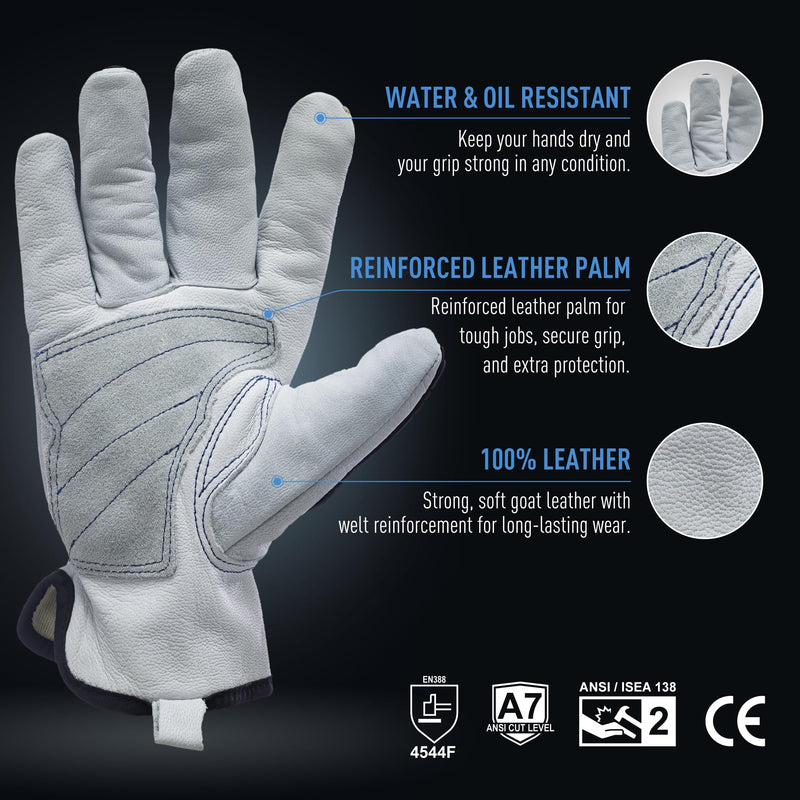 GE TPR Impact 2 Leather Gloves - A7 Cut Resistance & Protection, Needle Proof Driver Gloves for Enhanced Grip & Control, Safety Work Gear for Men, Construction, Gardening, Warehouse, Yard Work Large