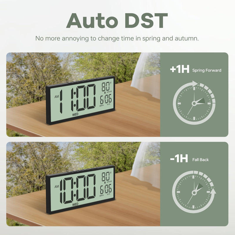 JALL 14.5" Large Digital Wall Clock Battery Operated with Big Digits LCD Screen Display, Day, Date, Alarm, Auto DST, Temperature for Living Room, Bedroom, Desk Decor, Mounted, Gift for Elderly Black