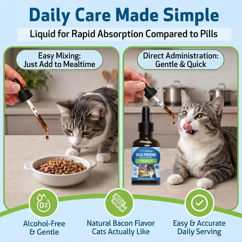 Pet Wellbeing Old Friend & Thyroid Support Gold for Senior Cats - NASC Certified & Vet-Formulated Senior Wellness & Thyroid Balance Bundle, Herbal Liquid Formula, Natural Bacon Flavor, 2 (2oz)