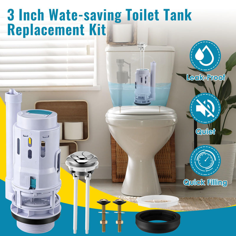 Saillong 3 Inch Dual Flush Valve Replacement Kit with Top Push Button, Tank to Bowl Gasket and Bolts, Toilet Repair Kit Inside Tank for 2 Piece Toilet, Easy to Install(1 Pack) 1