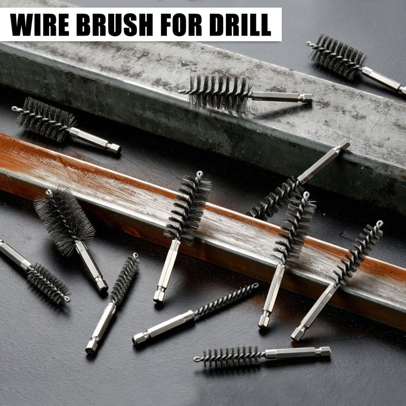 MAXMAN Wire Brush for Drill, 12pcs Stainless Steel Bore Brush with 1/4” Hex Shank, Durable Metal Bristles Twisted, 12 Size for Metal, Pipes, Tubes Cleaning, Rust & Paint Removal, Fits Power Drill Stainless Steel-12 Piece