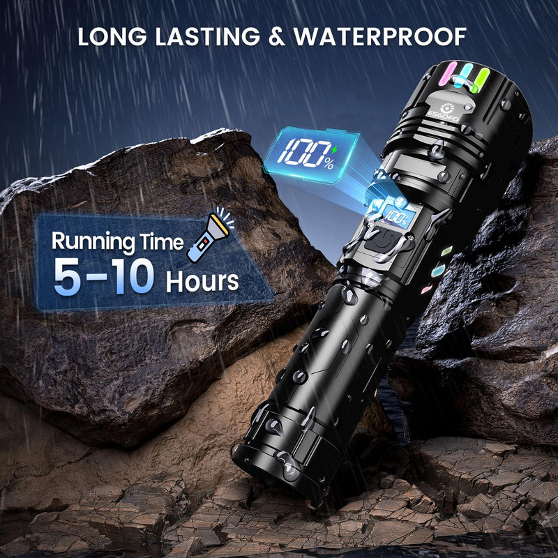 Super Bright Flashlight 100000 High Lumens Rechargeable,Powerful Long Distance 3280ft Strong LED Flash Lights,Long Lasting 10H LCD Digital USB Discharging Function,Focus & Brightness Adjustable 29 Watt Hours