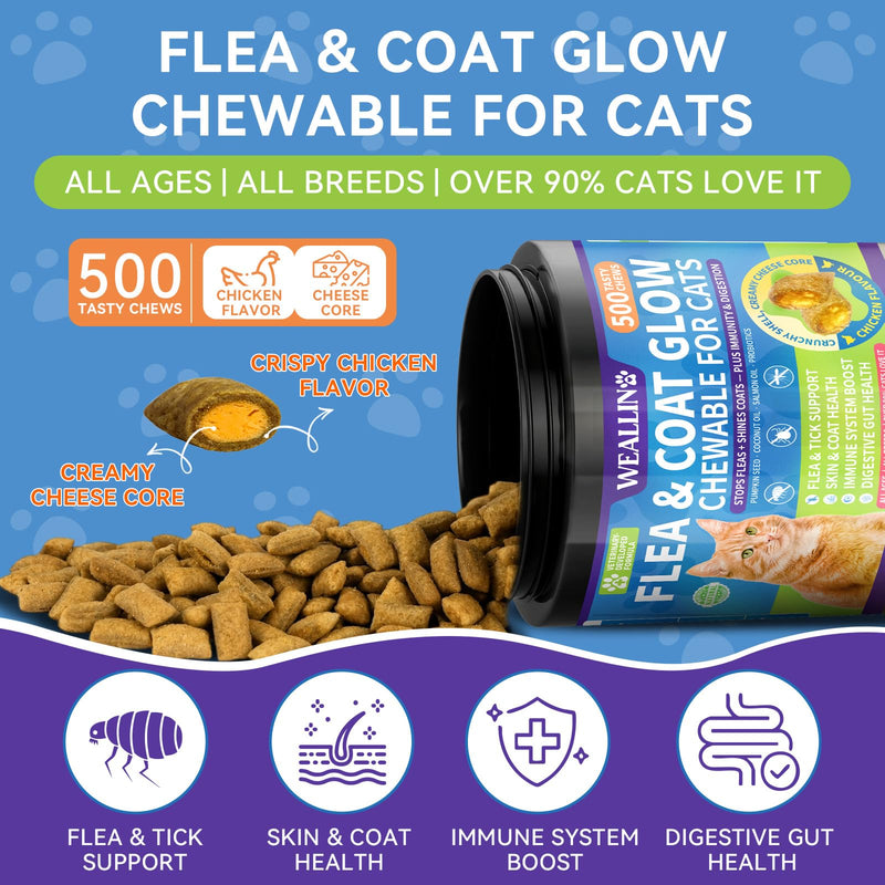 Flea and Tick Prevention for Cats - 500 Crunchy & Creamy Chews, Cat Flea Treatment with Skin & Coat Support, Oral Natural Flea Chewables for Gut & Immunity Support for All Breeds & Ages Chicken Flavor