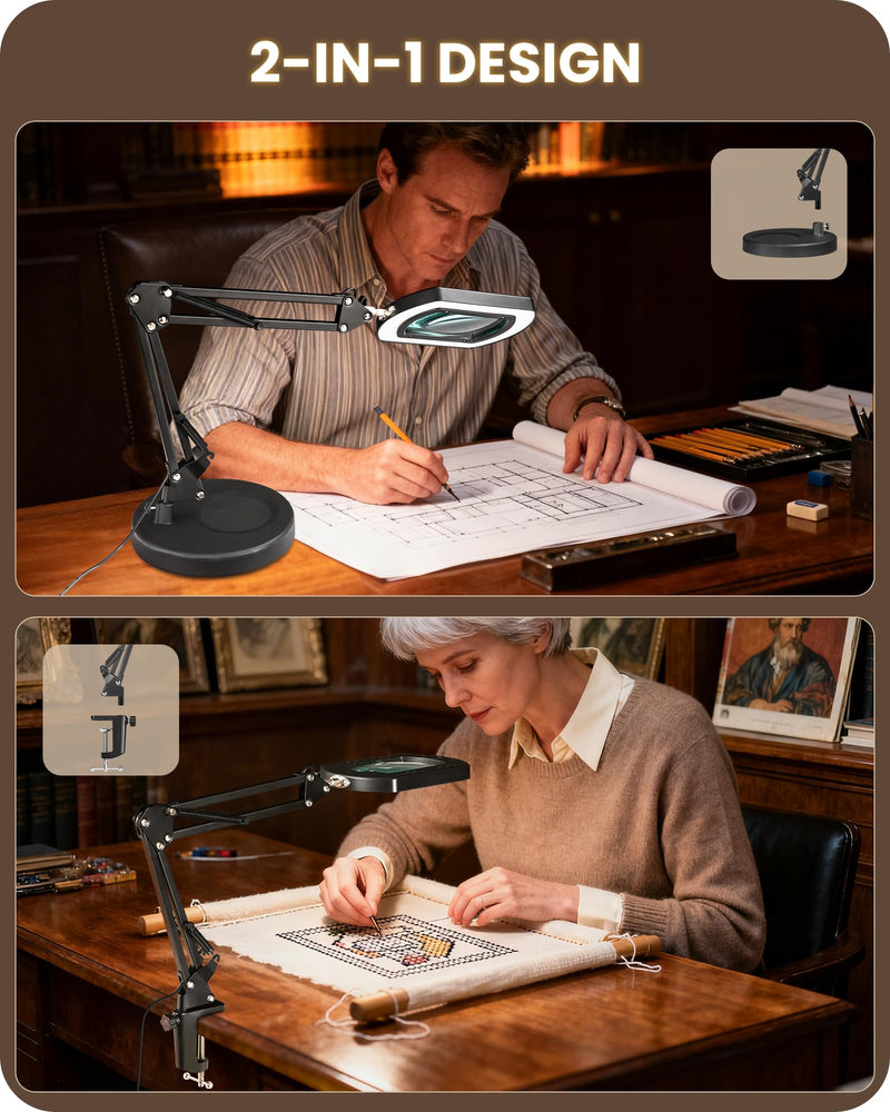 10X Round Magnifying Glass with Light and Stand, 2-in-1 LED Lighted Desk Lamp & Clamp, 5 Color Modes Stepless Dimmable, Hands-Free Magnifier Desk Lamp for Reading Craft Close Work B02DL05 Round Base & Clamp