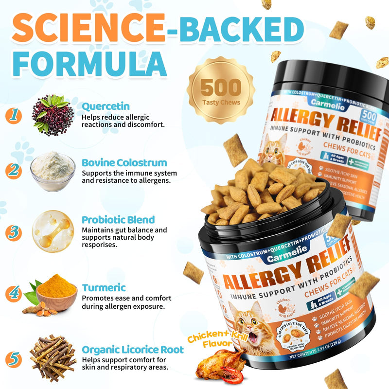 Cat Allergy Relief Treats, 500 Crunchy & Creamy Chews, Allergy Relief for Cats with Colostrum, Probiotics - Itchy Skin & Paw Licking, Immune Support, Seasonal Allergies - Chicken and Krill Flavor