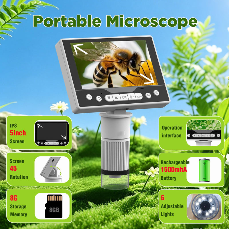 Digital Microscope, 12MP 1080P Handheld Microscope with 8 Adjustable LED Lights, 5" LCD Screen Coin Microscope 1000X, USB Microscope for Windows/MacOS, White