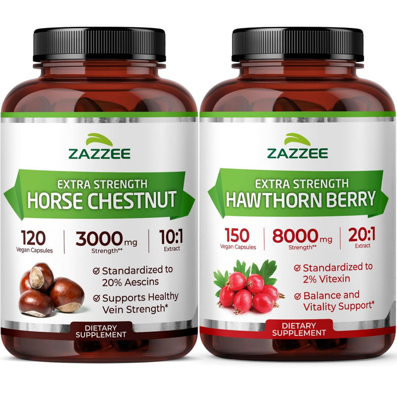 Zazzee Anti Aging Circulatory Support Bundle | Extra Strength Horse Chestnut Supplement with 20:1 Concentrated Hawthorn Extract Capsules | Non-GMO Vegan & ISO Lab Tested