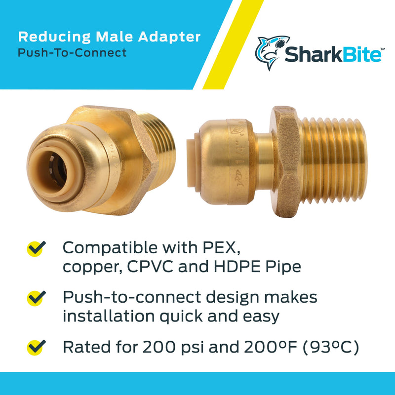 SharkBite 1/4 Inch x 1/2 Inch MNPT Reducing Adapter, Pack of 6, Push To Connect Brass Plumbing Fitting, PEX Pipe, Copper, CPVC, PE-RT, HDPE, U110LF 1/4 in. x 1/2 in., 6 Pack