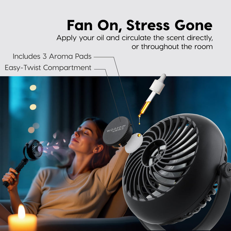 IRIS USA WOOZOO 3.5" Cordless Portable Personal Fan with Flexible Tripod Stand, 10-Hour Runtime, 360° Tilt, 3 Speeds, LED Light, Mosquito Repellent Tray, USB-C Charging, for Indoor/Outdoor Use, Black